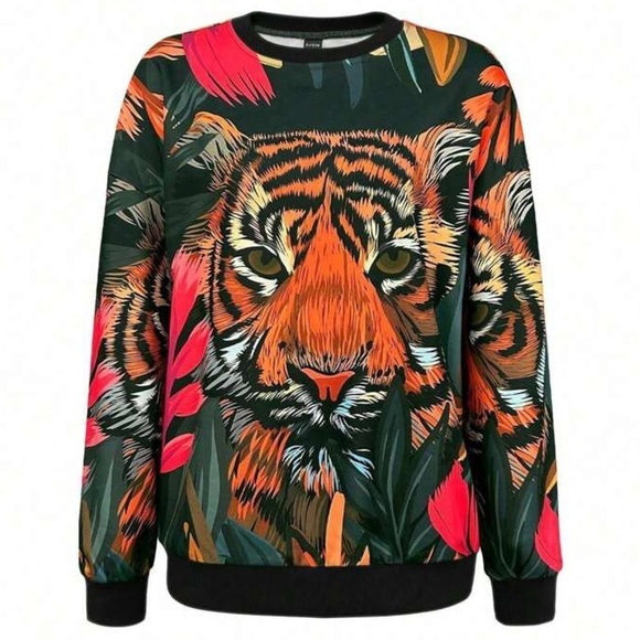 Women's Tiger Bamboo Leaf Print Long Sleeve Top Sweatshirt - Picture 1 of 8